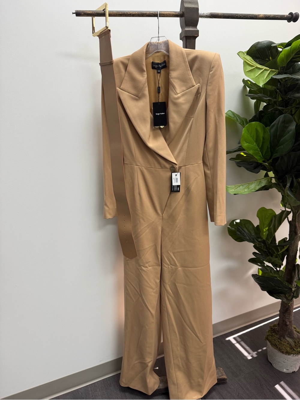 Sergio Hudson Tailored Camel Belted Wide-Leg Jumpsuit